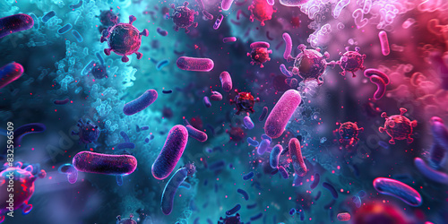 Bacterial Reproduction Cycle: Close-up view of bacterial cells undergoing replication and division, depicting rapid growth and proliferation