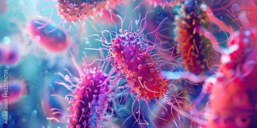 Bacterial Reproduction Cycle: Close-up view of bacterial cells undergoing replication and division, depicting rapid growth and proliferation