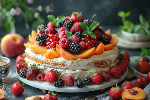 ベリーやいちごの実のフルーツケーキ Fruit cake with berries and strawberries.Generative AI