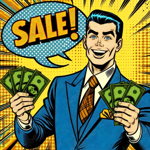 a dapper salesman in a striking blue suit, cheerfully promoting a sale with handfuls of money