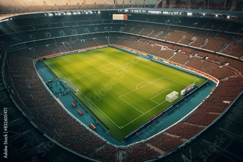 Aerial top view of a soccer football field stadium