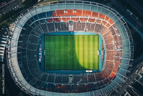 Aerial top down view of a soccer football field stadium