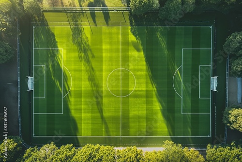 Aerial top down view of a soccer football field
