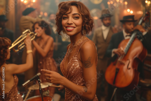 A jazz band playing on stage with men in zoot suits and women in flapper dresses dancing and enjoying the lively atmosphere of a 1920s jazz club.