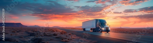 Semitruck cruising on a desert highway at sunset, perfect for logistics company advertisements or travel blogs