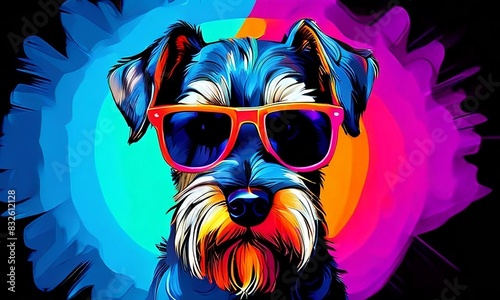 Portrait of a schnauzer wearing glasses in colors against a black background in pop art style with neon