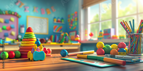 Close-up of a teacher's desk with educational toys and classroom supplies, representing a job in early childhood education