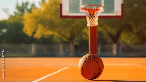 Basketball sport equipment background banner, sports concept - Closeup of basketball and basketball hoop on playing field basketball court