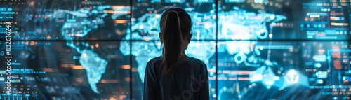 A young observer stands before a towering digital display of global data flows and financial markets, encapsulating the future of analytics