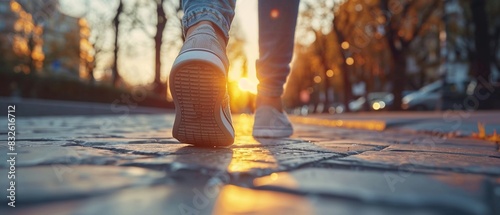 Closeup of feet walking on a city sidewalk, Walk to Work engraved in the pavement, morning light, Realism, High detail 8K , high-resolution, ultra HD,up32K HD