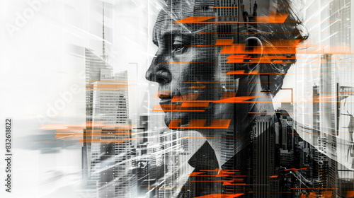 Double Exposure of Man's Portrait and Cityscape with Orange Lights