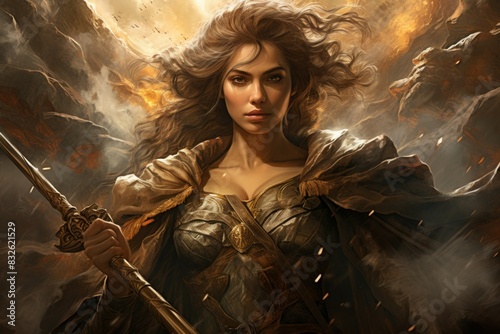 A fierce and fearless warrior woman, wielding a double-bladed axe and commanding the forces of storm and wind. - Generative AI