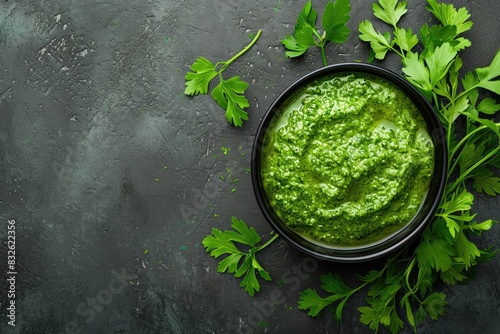 green chutney sauce, revealing its creamy consistency and vibrant blend of fresh mint pudina and yogurt, with a spicy on dark background