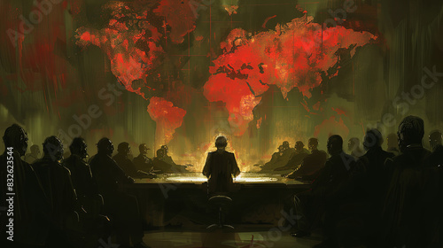 A group of men sit around a table with a large map of the world hanging on the wall behind them. A shadow government is plotting to conspire and seize power. The scene is tense and serious.