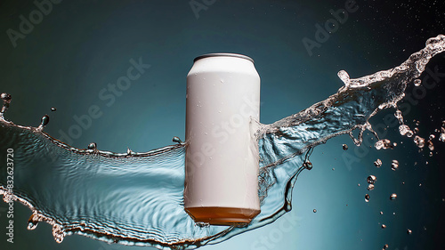 white soda pop can hit by water splash droplets blue background copy space