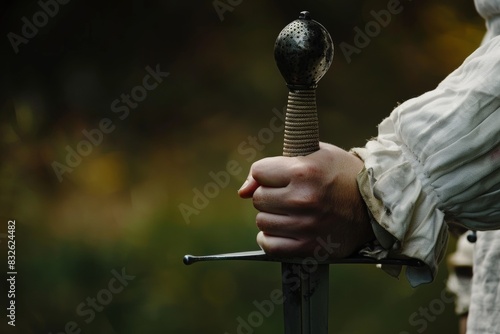 Fencer's Hand Firmly Gripping Sword Hilt, Focused and Ready for Action, Blurred Background