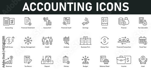 Accounting Icons vector illustration with thin line editable stroke containing financial, audit, invoice, finance, tax calculate, profit, loss, credit, money flow, revenue, deposit, policies, budget