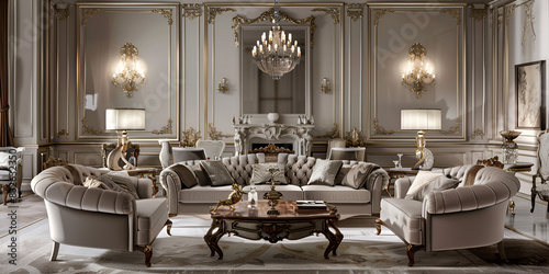 A luxurious living room with gold accents, featuring a chandelier, couch, coffee table, two lamps, and two chairs