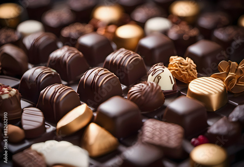 Assorted chocolates background. Many delicious, sweet, chocolates of different shapes and colors, located nearby