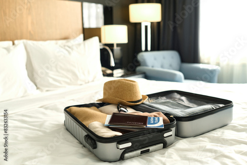 Background image of packed suitcase with passport and tickets on bed ready for travel concept