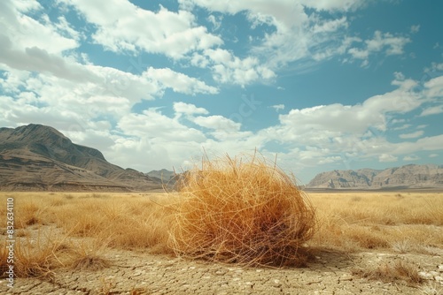 Dry tumbleweed plant in the desert. Copy space for text