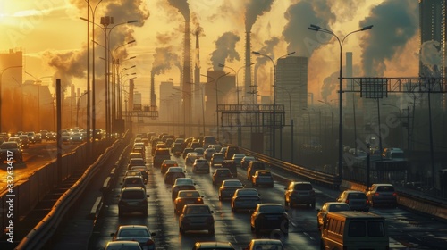 A gridlocked highway with vehicles emitting exhaust fumes, contributing to air pollution and the greenhouse effect