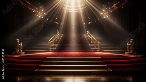 Award ceremony podium setup, red carpet, golden accents