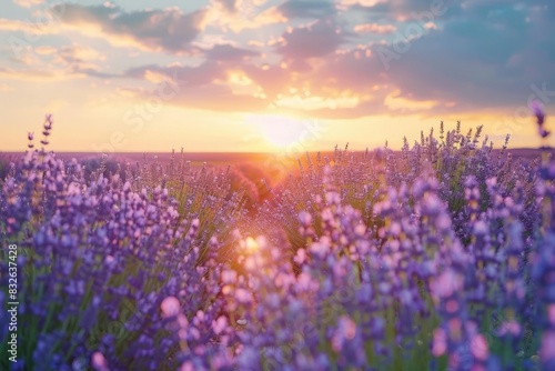 A vibrant lavender field basks in the golden glow of a setting sun. The purple