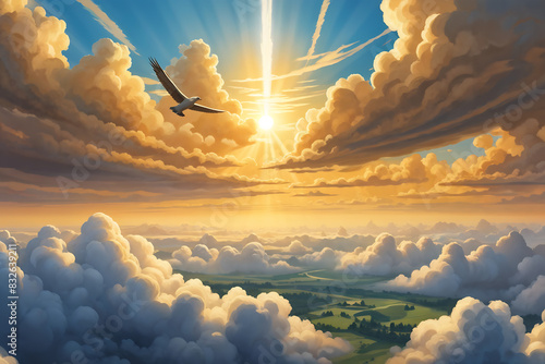 A peaceful panorama featuring a distorted blue sky with voluminous golden sunrays with a bird flying showering a green meadow