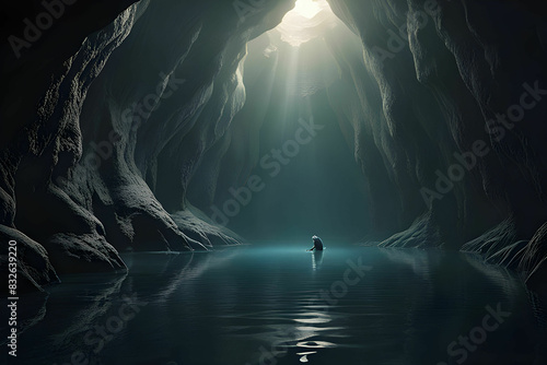 a man deep within an old, abandoned cave, the fluid face of a large underground lake is found with sun rays