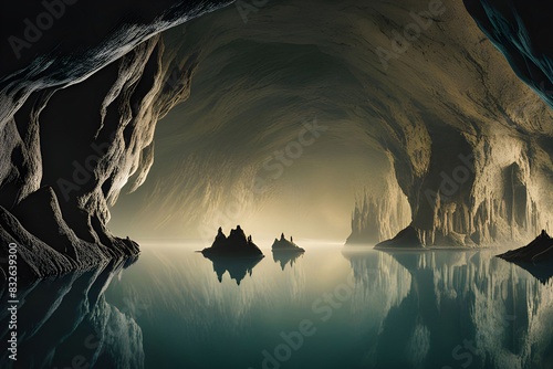 The watery plane of a massive cave lake resides in the depths of an age-old, forgotten grotto.