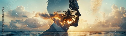 Artistic double exposure of a businessman, tropical beach background, serene and detailed, Hyperrealistic 8K , high-resolution, ultra HD,up32K HD