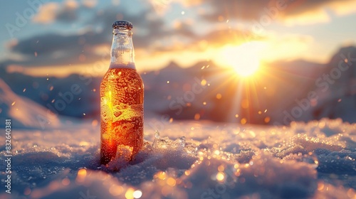 Scenic view of a bottle and glass of water on snow, mountain backdrop, bright and crisp, Realistic, Highdefinition 8K , high-resolution, ultra HD,up32K HD