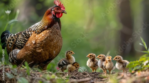 A mother hen keeping watch over her chicks as they peck at the ground for insects
