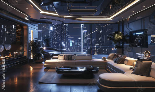 Sophisticated luxury home design, blending high-end technology with elegant decor for a futuristic living experience.