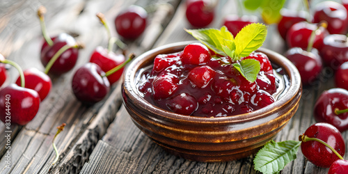 A bowl of cherry jam surrounded by fresh cherries, all on a dark blue surface