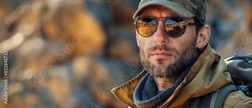 Man with sunglasses and cap in a desert setting, rugged and adventurous, warm tones, Realism, High definition