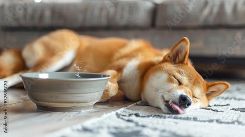 Shiba dog stick out tongue suffering from heat stroke near bowl of water on floor at home.