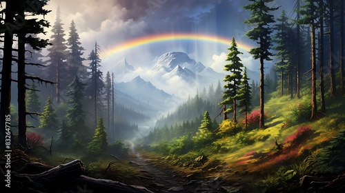 Rainbow over a Misty Forest: Vibrant rainbow arching over fog-enshrouded trees and a damp forest floor.