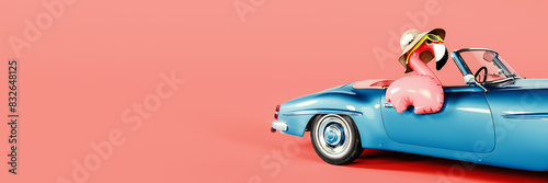 Pink flamingo in blue convertible going on summer vacation. Summer travel concept on pink background with copy space. 3D Rendering, 3D Illustration