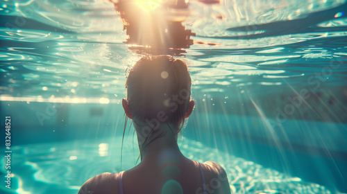 Young woman swimming underwater with sunlight filtering through water.