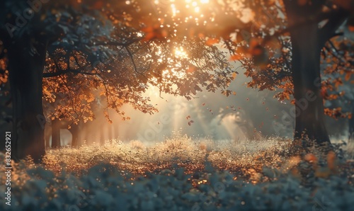 Immersive Cinemagraphs: Landscape Sunrise in Forest Autumn Romantic Scene in nature outdoor - Generativ AI