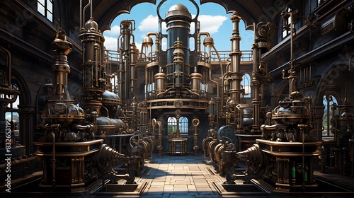 Steampunk Workshop: Gears, pipes, steam vents, and an array of bronze-colored machines.