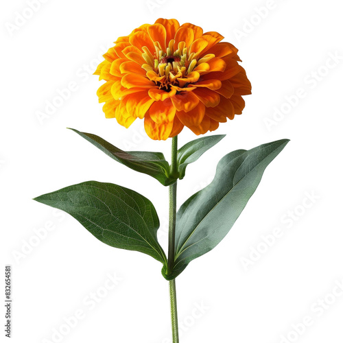 A vibrant orange zinnia in full bloom with lush green leaves on a single stem, isolated against a white background.