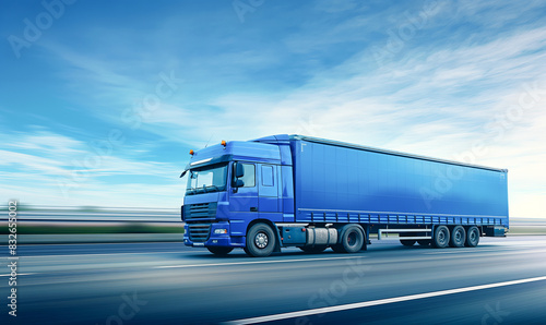 Blue truck is traveling at speed on a freeway. The concept of reliable cargo transportation.