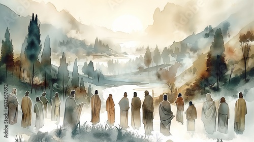 The Act of the Apostles. Disciples' Prayer to God. New Testament. Watercolor Biblical illustration.