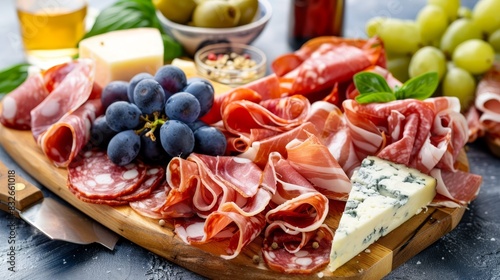  A platter of meats, cheeses, grapes, and olives nearby A knife and a glass of beer on the table, beside a cutting board