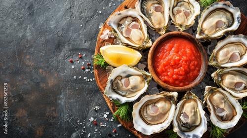  A platter of oysters on a black stone surface, accompanied by ketchup and a lemon wedge Salt and pepper are sprinkled on the side