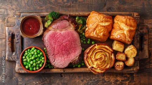  A wooden tray holds a spread of meat, potatoes, peas, broccoli, bread, and various sauces A separate bowl of sauce rests nearby