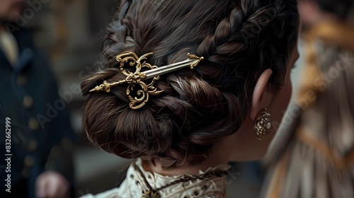 An ornate rapier hair pin in the hair bun of a female, Generative AI illustrations. 